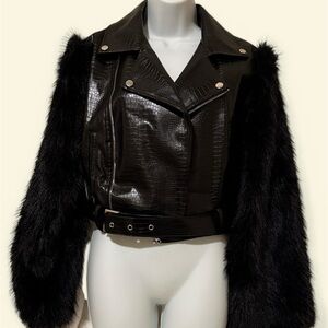 Black Faux Leather and Fur Women's Jacket